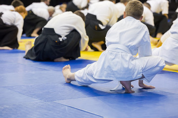 Warm-up and stretching of muscles on Aikido training