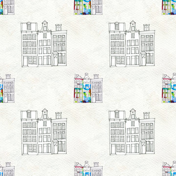 Seamless pattern eith watercolor Amsterdam houses