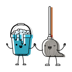 kawaii cartoon bucket with soapy water and mop holding hands in colorful watercolor silhouette