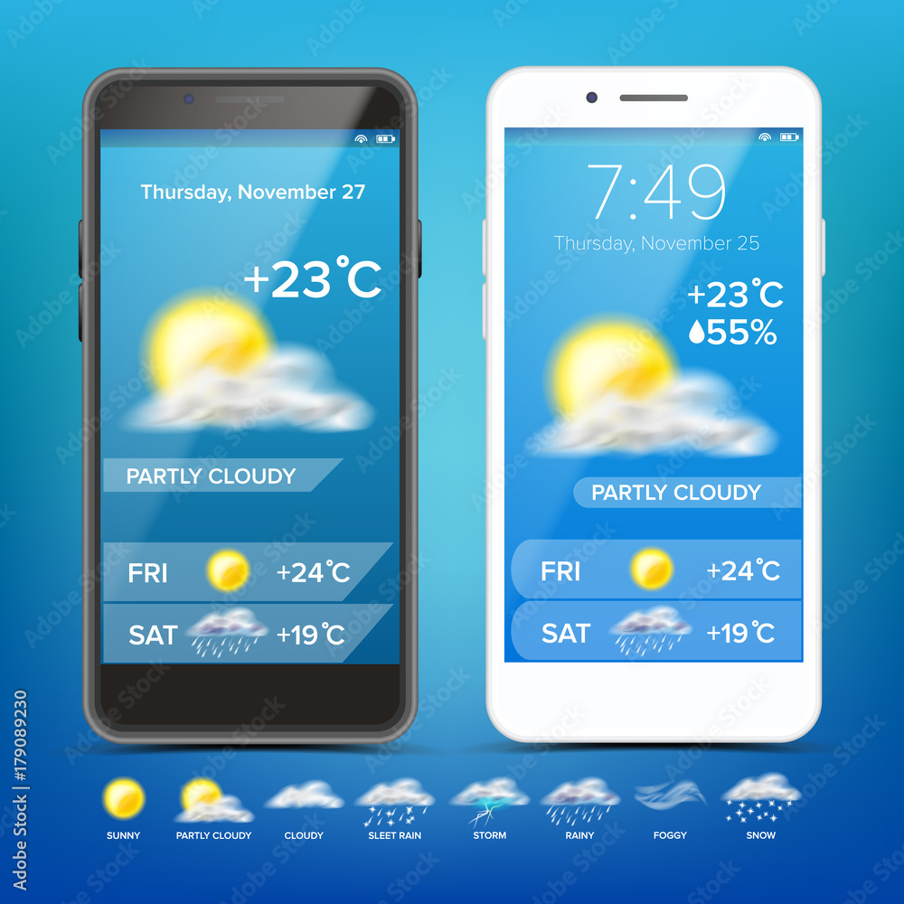 Poster weather forecast app vector. realistic smartphone. weather app with icons. weather icons set. blue b