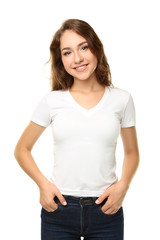 Obraz premium Portrait of young woman on white background