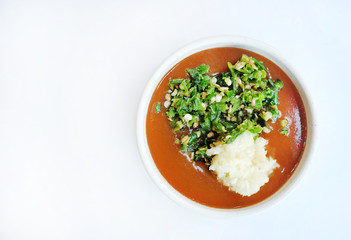Top view Chili paste for thai food. Thai dipping spicy sauce on white background.