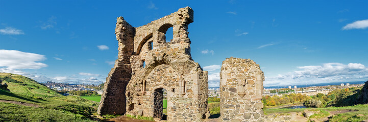 Fototapeta na wymiar Panoramic view of the ruins of St. Anthony's Chapel. Edinburgh, Scotland, UK.