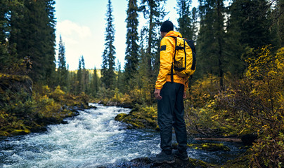 The man in yellow stood by the river in the forest