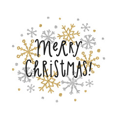 Obraz premium Merry Christmas card with glitter snowflakes. Vector hand drawn illustration