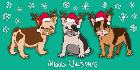 Merry Christmas card. Abstract card with cute french bulldog in santa hat and wishing text on green background. Vector illustration