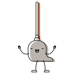 kawaii cartoon mop with wooden stick in colorful watercolor silhouette