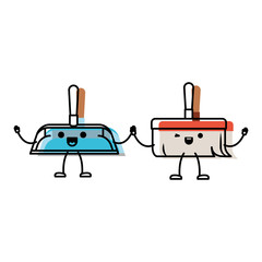 Obraz premium kawaii cartoon hand broom and hand dustpan holding hands in colorful watercolor silhouette