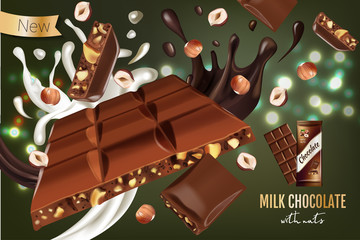 Vector realistic illustration of milk chocolate with hazelnut.