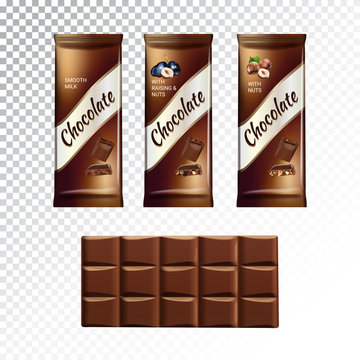 Vector realistic illustration of packaging and chocolate bar with hazelnut and raisins.