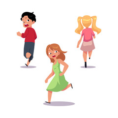Frightened kids, boy and two girl running away in fear and panic, cartoon vector illustration isolated on white background. Cute scared teenage kids, boy and girl, running in fear