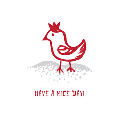 Hand-drawn festive Christmas and New Year card with holiday symbols little bird and calligraphic greeting inscription