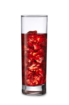 Red Drink In Tall Glass With Ice Cubes Isloated