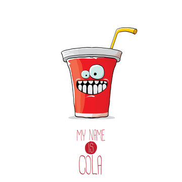 vector funny cartoon cute red party paper cola cup with orange straw isolated on white background.