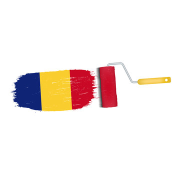 Brush Stroke With Romania National Flag Isolated On A White Background. Vector Illustration. National Flag In Grungy Style. Brushstroke. Use For Brochures, Printed Materials, Logos, Independence Day