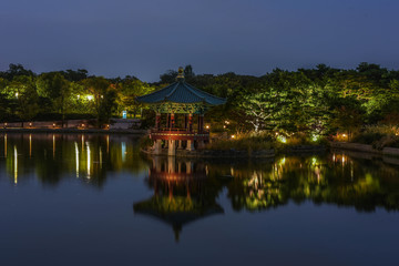 seoul night city skyline in south korea by long exposure