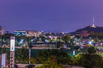 seoul night city skyline in south korea by long exposure