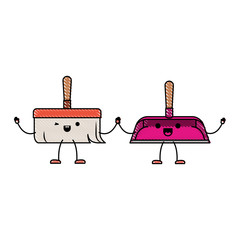 kawaii cartoon hand dustpan and hand broom holding hands in colored crayon silhouette