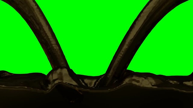 Animated dirty automotive or engine oil pouring and splashing filling up whole container against green background. Two inflow source