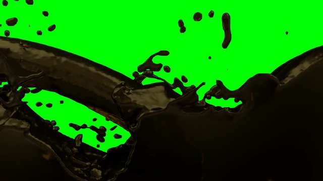 Animated stream of dirty automotive or engine oil splashing and filling up whole container against green background