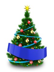 3d dark green Christmas tree with blue ribbon