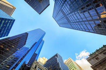 Fototapeta na wymiar Up view in financial district, Manhattan, New York
