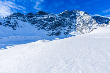 Fototapeta premium Snow in winter season, mountains. South Tirol, Solda in Italy.