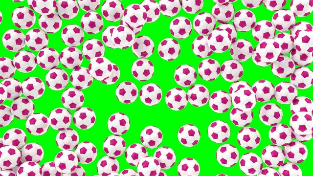 Animated a lot of simple soccer balls with plain white and black material falling and tumbling filling up container against green background. Top view shot.