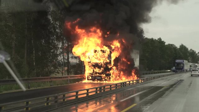 A lorry track is seen burning on the highway D1 near the Prague