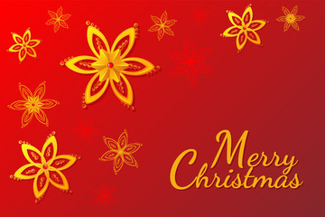 Fototapeta na wymiar merry Christmas snowflakes gold flowers flat design 3D greeting card background red