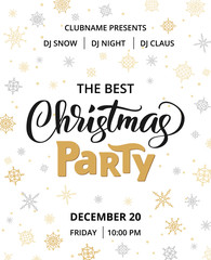 Fototapeta na wymiar Christmas party poster template, vector illustration. Hand written lettering, typography. Background with falling snowflakes