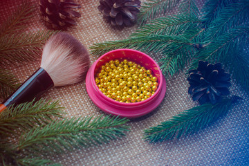 Fantacsic mirror color Highlighter for face and shining powder, makeup brushes. Fashionable glitter make up. Make up for christmas or new year party