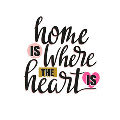 Vector illustration. White background with isolated stylish lettering - 'Home is where the heart is'. Inspiring  poster design.