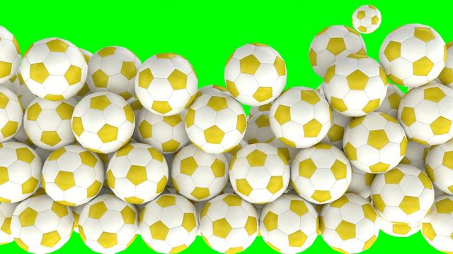 Animated a lot of simple soccer balls with plain yellow and white material falling and tumbling filling up container against green background. Front camera view.