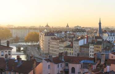 Fototapeta na wymiar Autumn sunrise over Vieux Lyon and Croix Rousse in the city of Lyon, France.