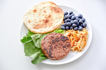 breakfast set, Beef, Omelet, Blueberry, Vegetable, thin pancake
