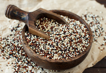 Uncooked mixed quinoa grain in a bowl