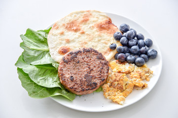 breakfast set, Beef, Omelet, Blueberry, Vegetable, thin pancake
