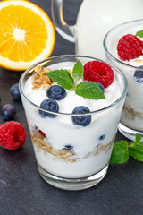 Beeren Joghurt Beere Glas Früchte Müsli Hochformat Schieferplatte Frühstück