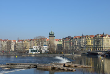 Obraz premium Vltava flow near Masarikovo embankment in Prague, Czech Republic.