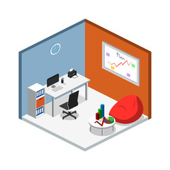 Isometric 3D vector illustration Interior of department creative office with workplaces