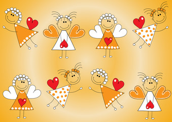 Seamless Christmas pattern.Angels with hearts in hands on an orange background.Vector illustration