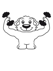 hanteln gewicht heben stark muskeln bodybuilder posen fitness trainieren bär klein kind warten gehorsam lustig hund welpe süß niedlich haustier comic cartoon
