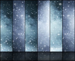 Blizzard, snowflakes, universe and stars. Winter backgrounds collection in a Christmas style.