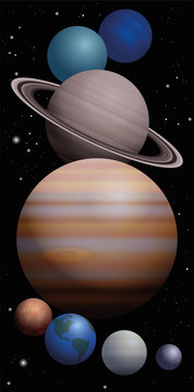 Planet cluster of our solar system with approximate relation in size - Mercury, Venus, Earth, Mars, Jupiter, Saturn, Uranus, Neptune, from bottom to top. High size bookmark format vector illustration.