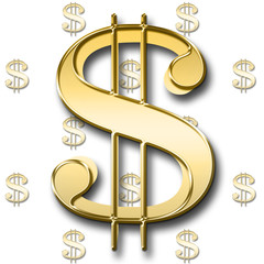 Stock Illustration - Golden US dollar Sign, Isolated against the White Background, 3D.