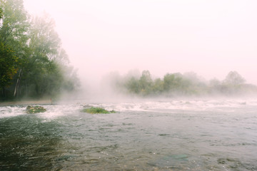 Foggy morning on river Ardas in Greece.