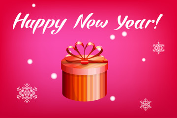 Card with gift box and letting Happy New Year. Bright red background and snowflakes. Vector illustration