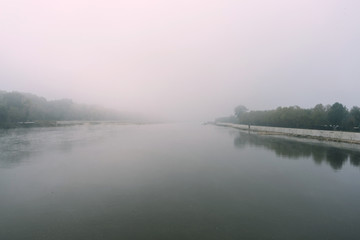 Foggy morning on river Evros or Merits in Turkey.