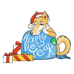 Yellow dog for New Year 2018, cute symbol of horoscope. Cute puppy in cartoon doodle style.